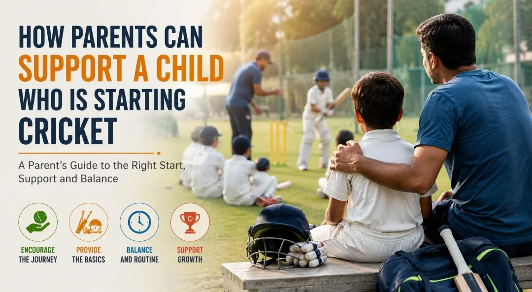 A father with his arm around his son watching junior cricket practice at a ground