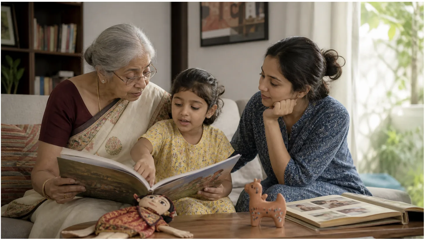 A grandmother, mother and young girl reading an Indian storybook together at home